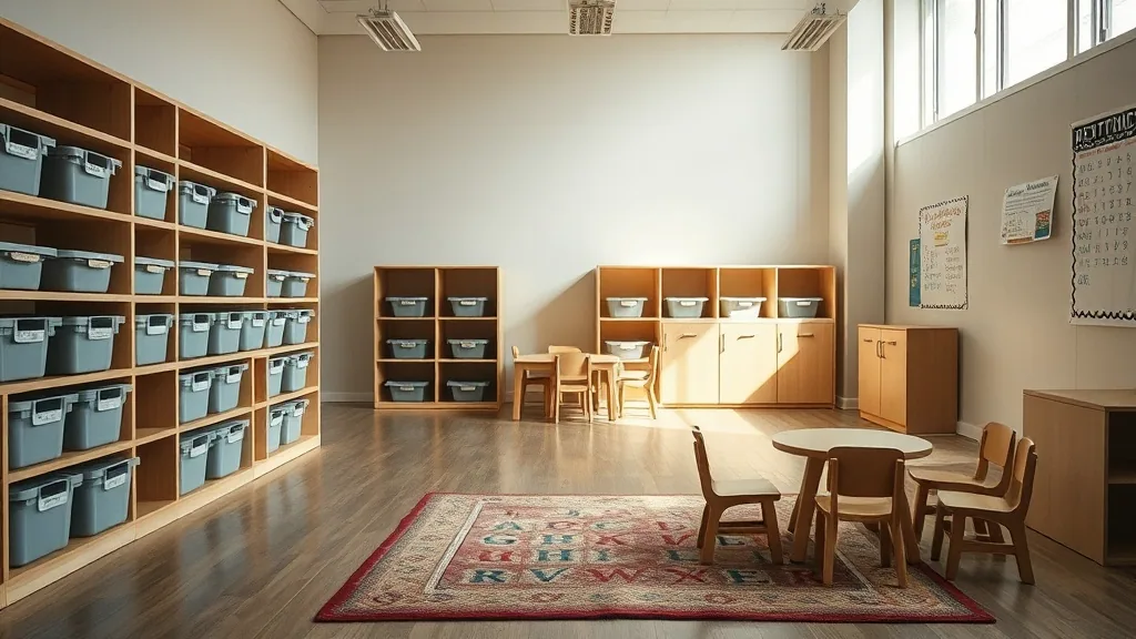 An empty preschool room before opening, with low shelves of labelled bins, small chairs on round tables and an alphabet rug under the windows.