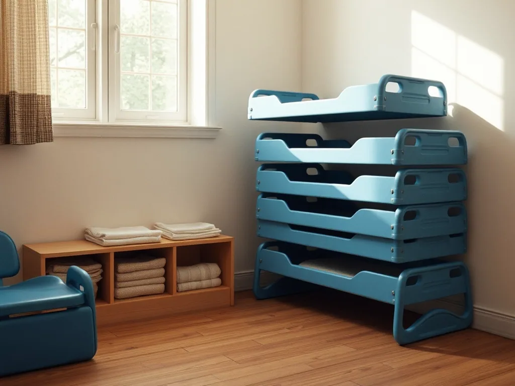 A stack of blue nap cots in the corner of a room, with folded blankets on a low shelf beside them.