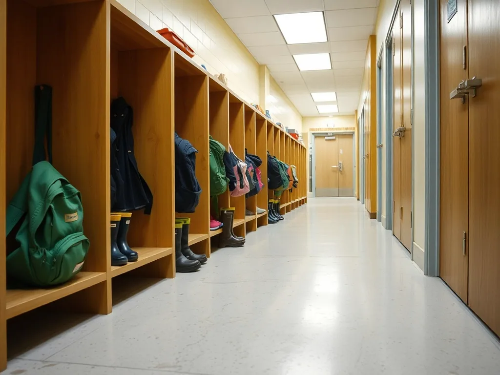A hallway lined with low wooden cubbies, backpacks and rain boots at child height.
