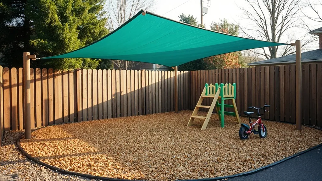 A fenced play yard with a shade sail stretched over wood chip mulch, a small climbing frame and a tricycle parked by the fence.